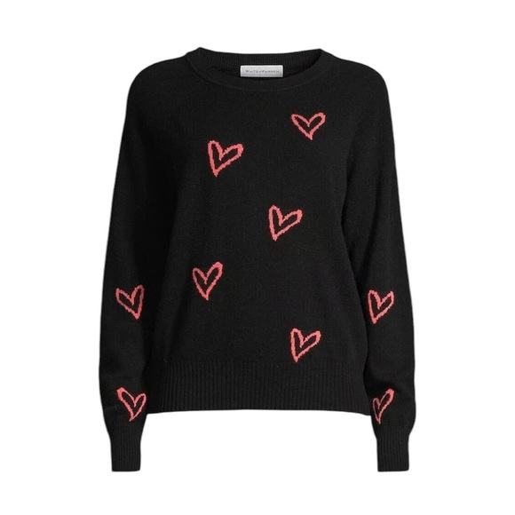 White + Warren Cashmere Graffiti Heart Sweater Black Size S - Picture 1 of 9